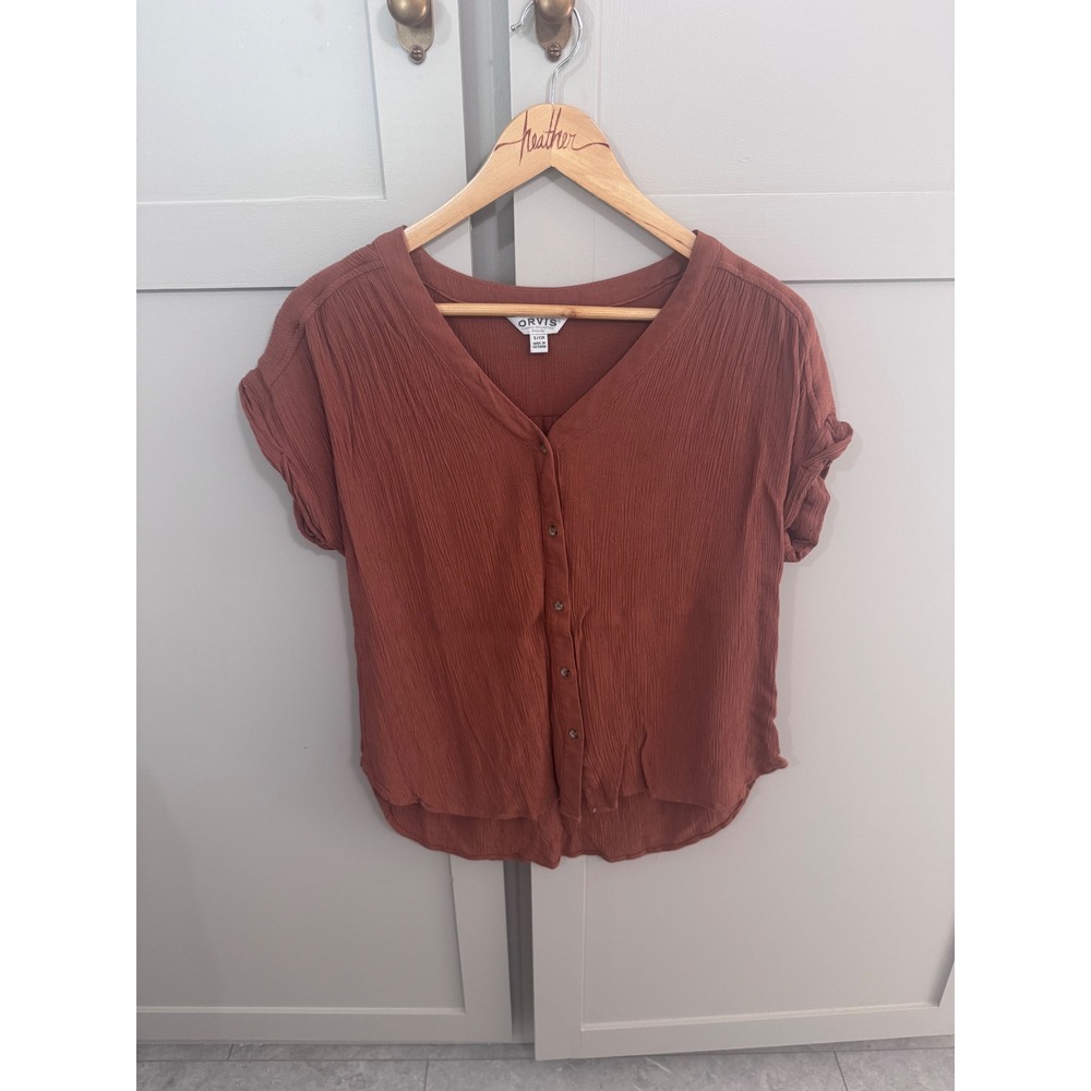 Orvis Womens Rust Crinkle Gauze V-Neck Button Front Short Sleeve Blouse Size S